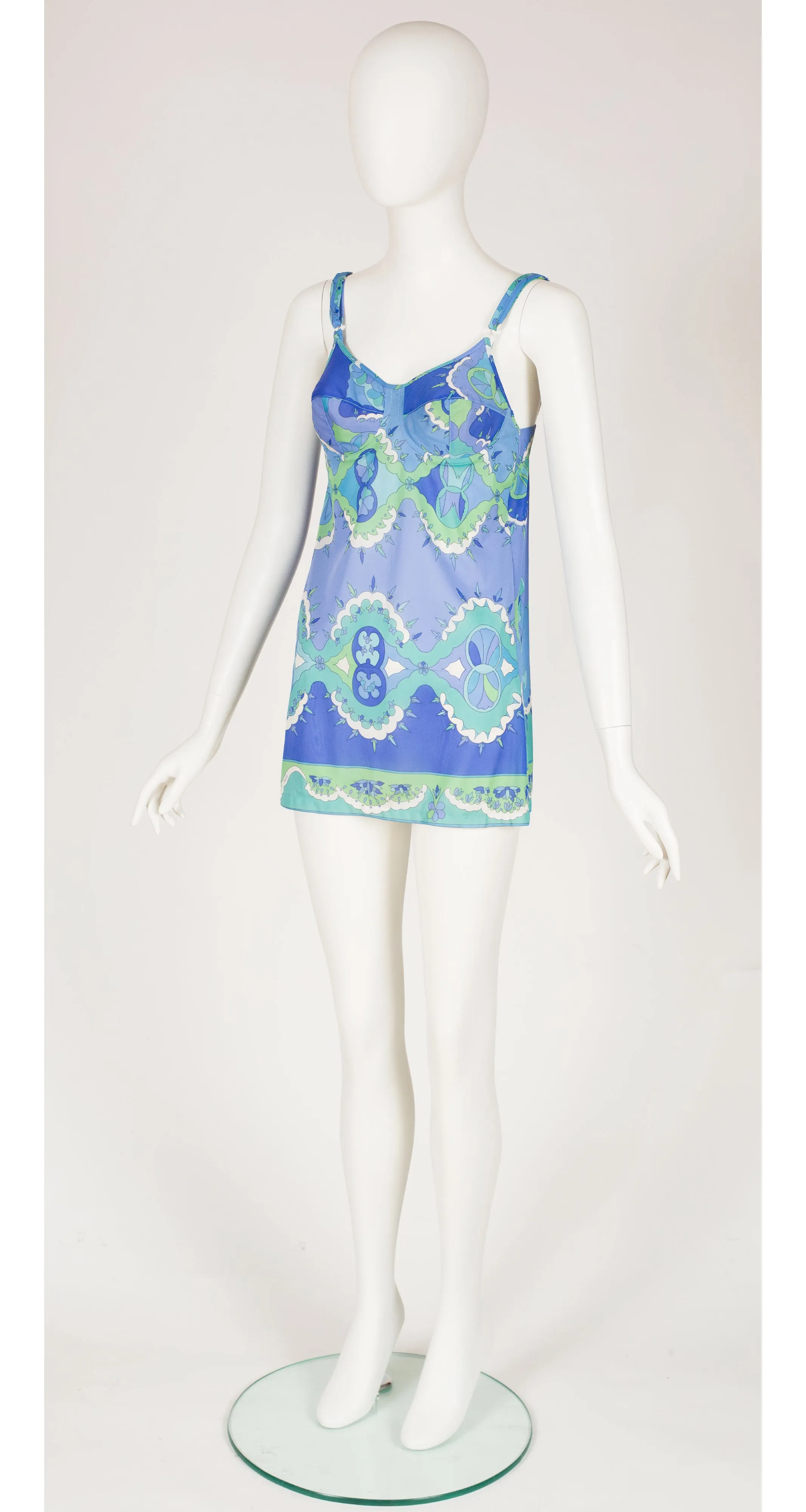 1960s Blue Printed Nylon Mini Slip Dress