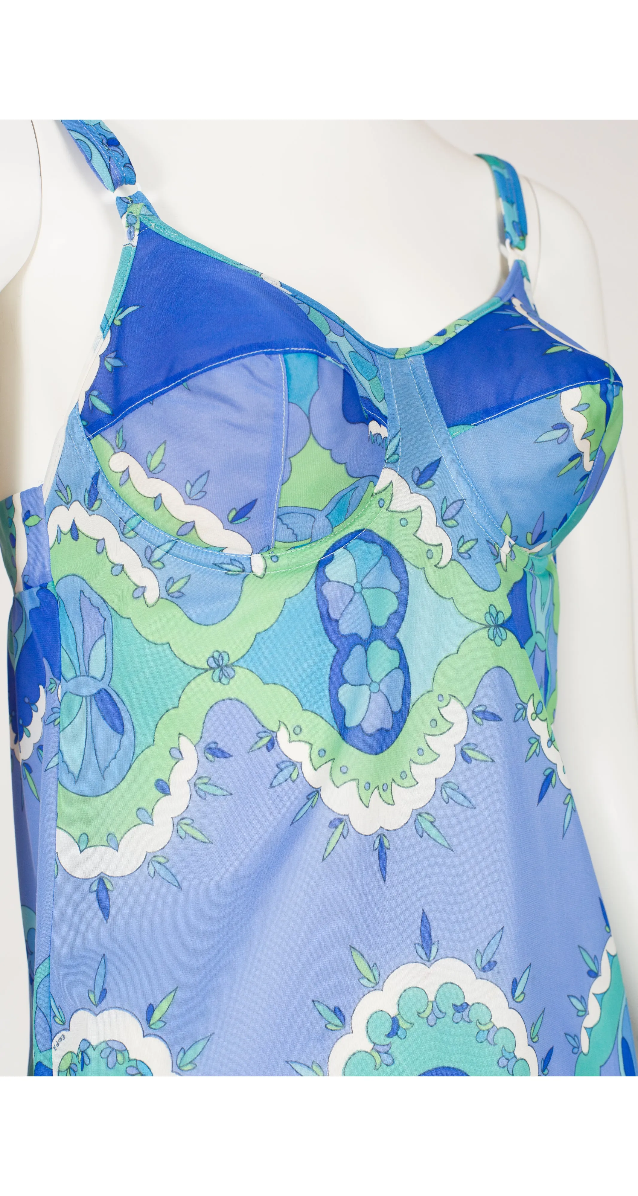 1960s Blue Printed Nylon Mini Slip Dress