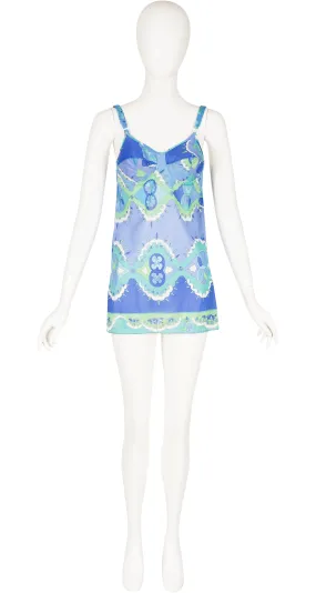1960s Blue Printed Nylon Mini Slip Dress