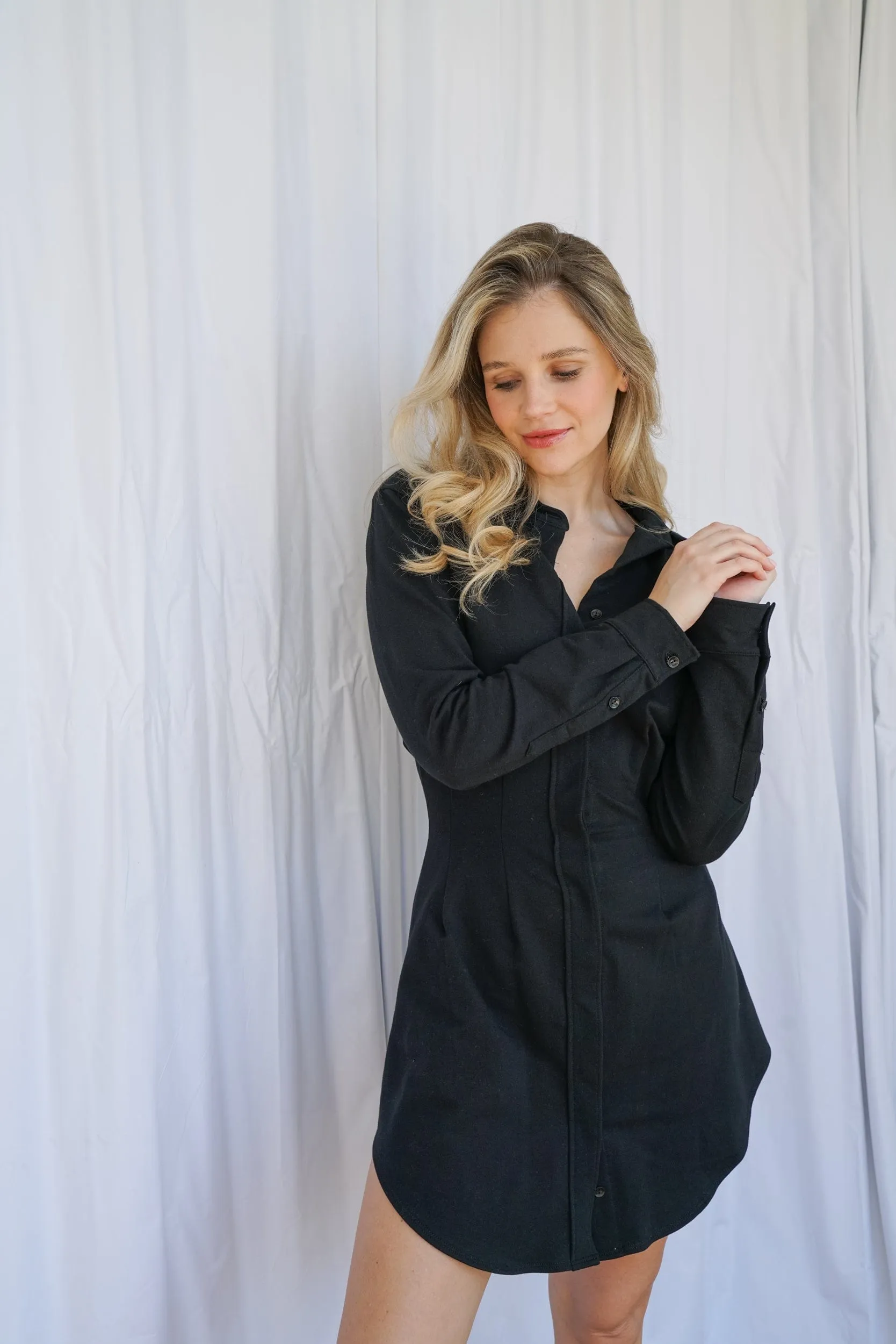 Aida Cotton Blouson Button-Down Dress - Black