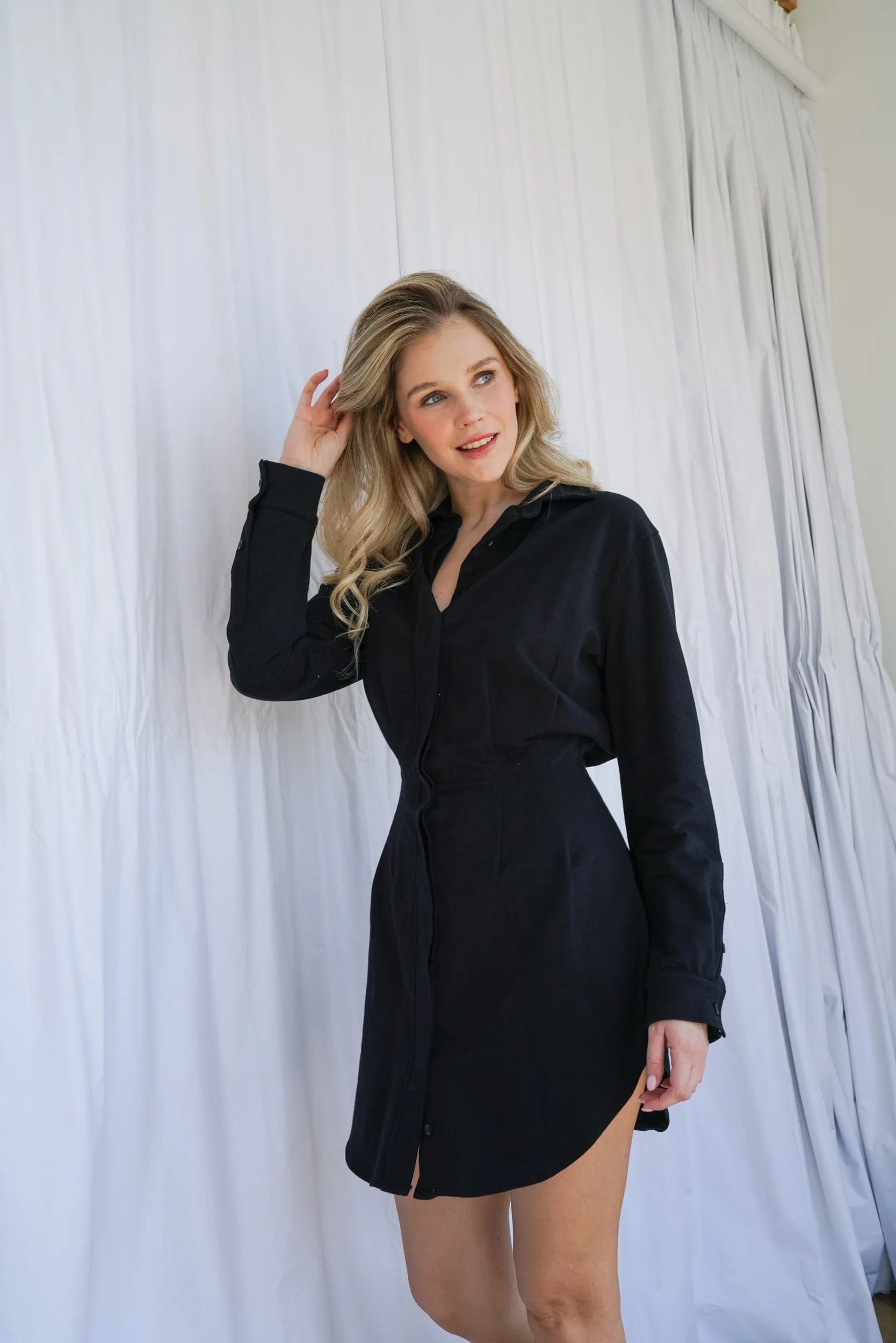 Aida Cotton Blouson Button-Down Dress - Black