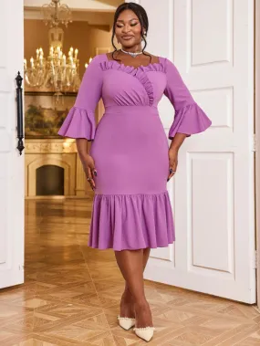 AOMEIDRESS Mermaid Dress V Neck Ruffles 3/4 Flare Sleeve High Waist
