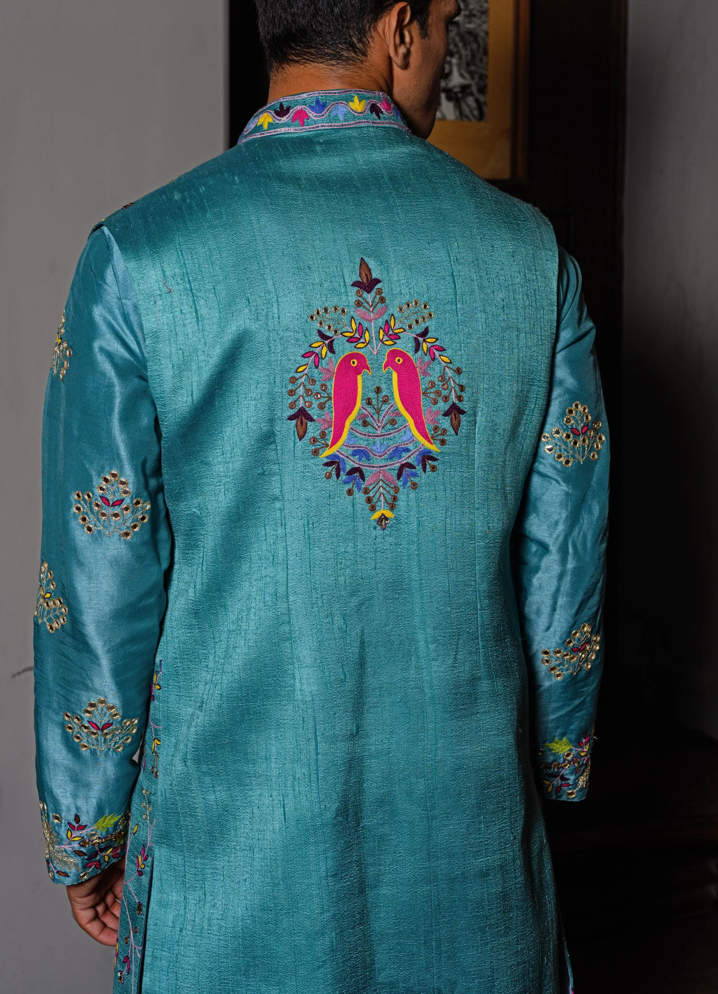 Blue Bird Embroidered Jacket Set