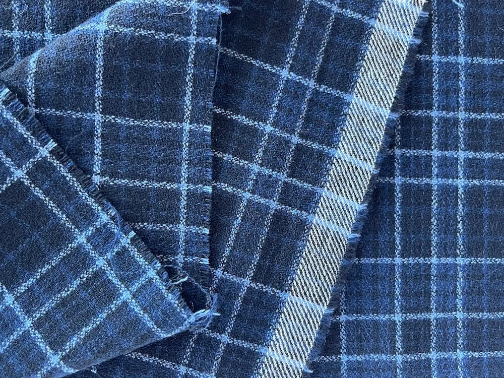 Botto Giuseppe Delectably Soft Indigo, Onyx & Cerulean Wool Plaid (Made in Italy)