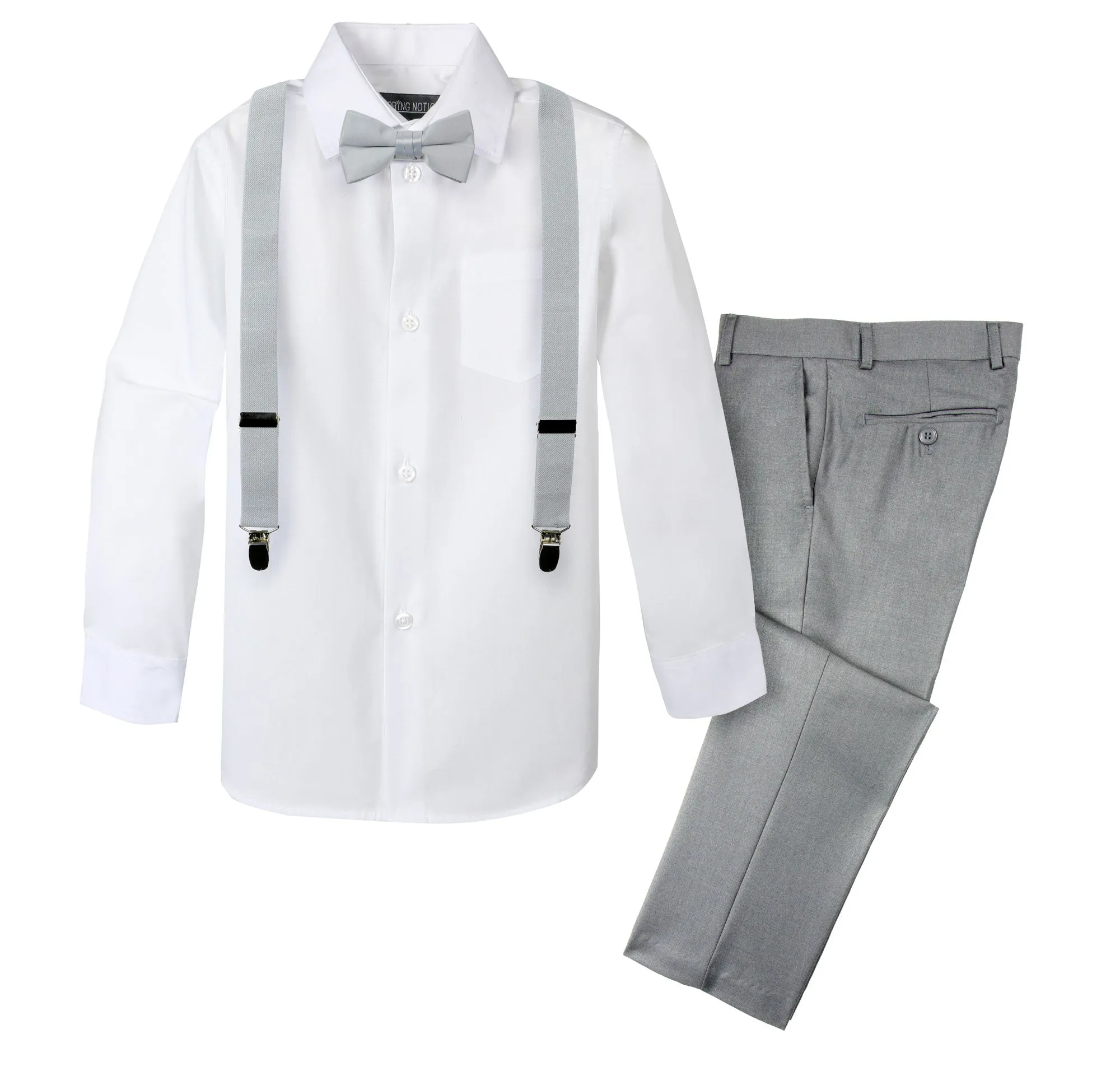 Boys' 4 Piece Suspenders Outfit, Light Grey/White/Grey
