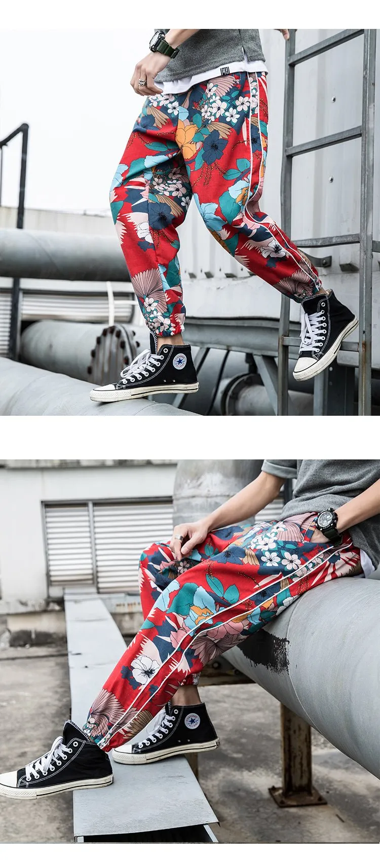 Casual Male Streetwear Harem Pants Men Joggers Elastic Waist Ankle-length Pant  Sweatpants Print Beach Pants Loose
