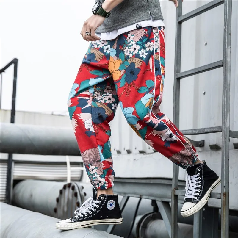 Casual Male Streetwear Harem Pants Men Joggers Elastic Waist Ankle-length Pant  Sweatpants Print Beach Pants Loose