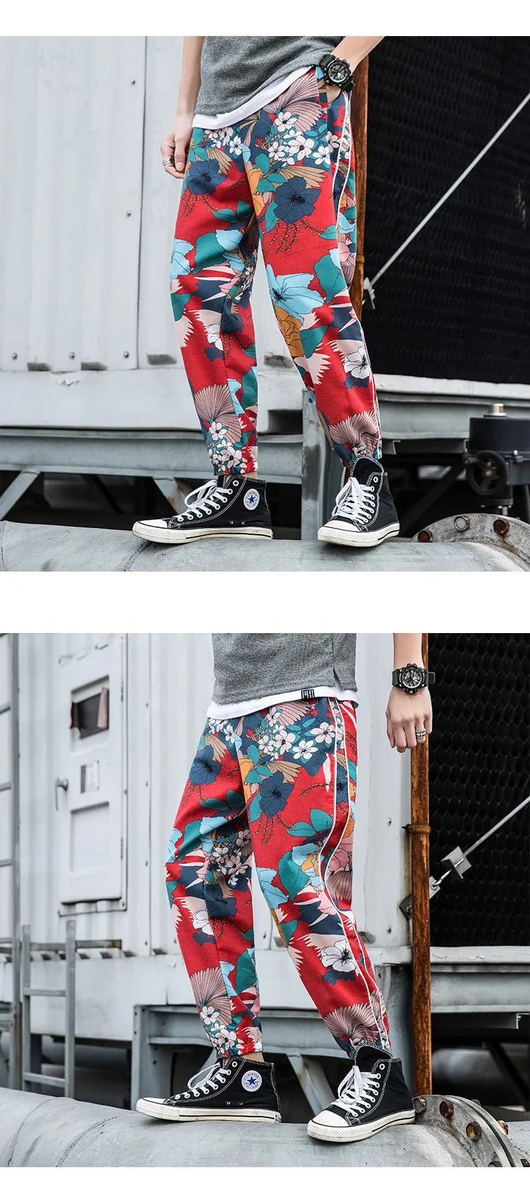 Casual Male Streetwear Harem Pants Men Joggers Elastic Waist Ankle-length Pant  Sweatpants Print Beach Pants Loose