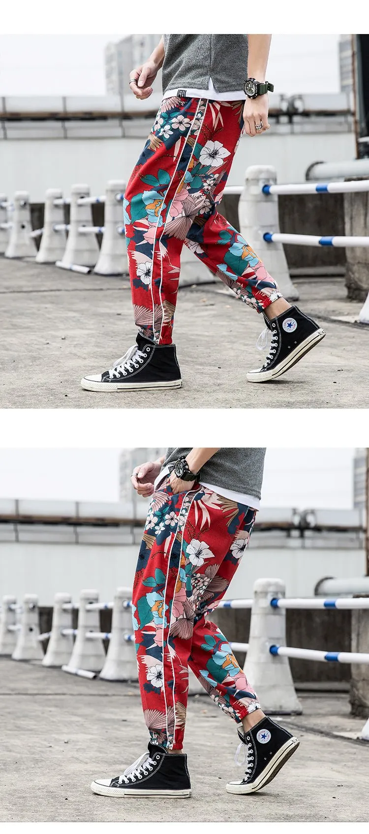 Casual Male Streetwear Harem Pants Men Joggers Elastic Waist Ankle-length Pant  Sweatpants Print Beach Pants Loose