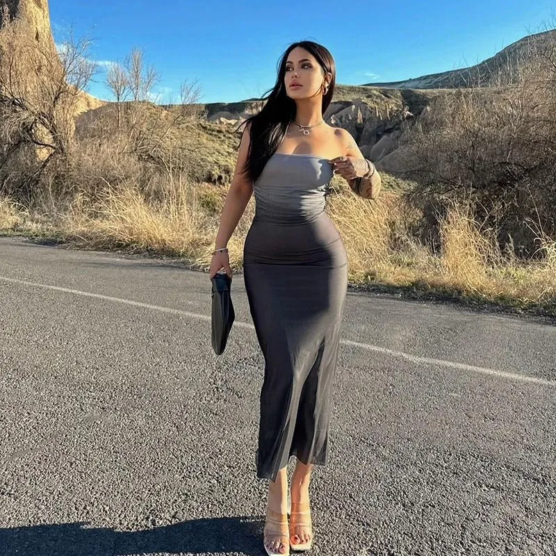 Cross-Border Women's European & American Style Slim-Fit Strapless Gradient Color Midi Dress