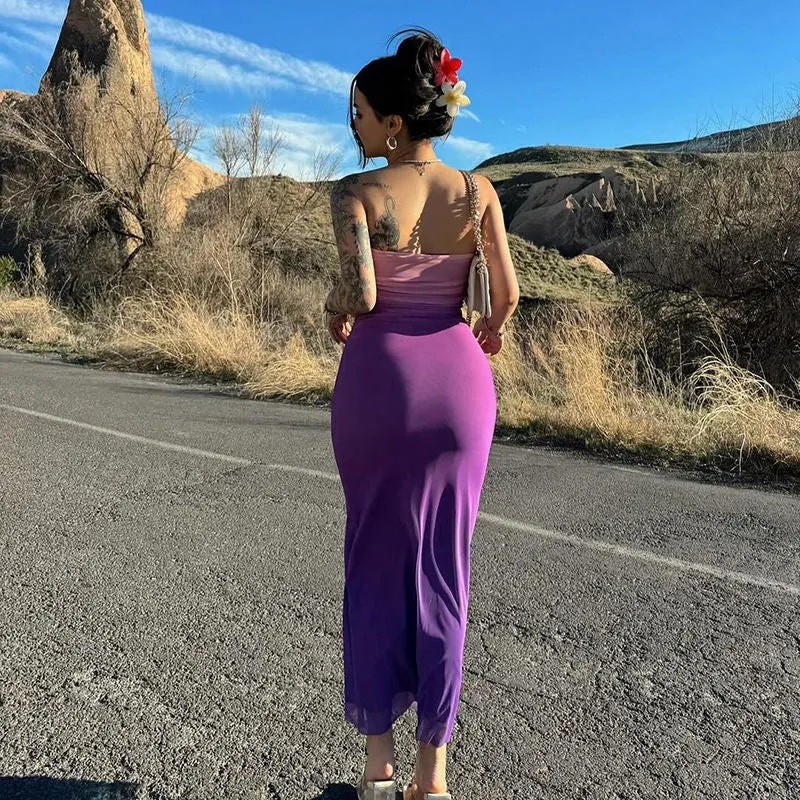Cross-Border Women's European & American Style Slim-Fit Strapless Gradient Color Midi Dress