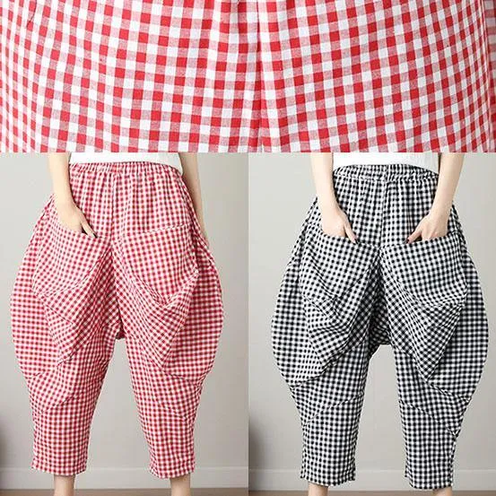 fashion casual red plaid cotton crop pants loose elastic waist pants