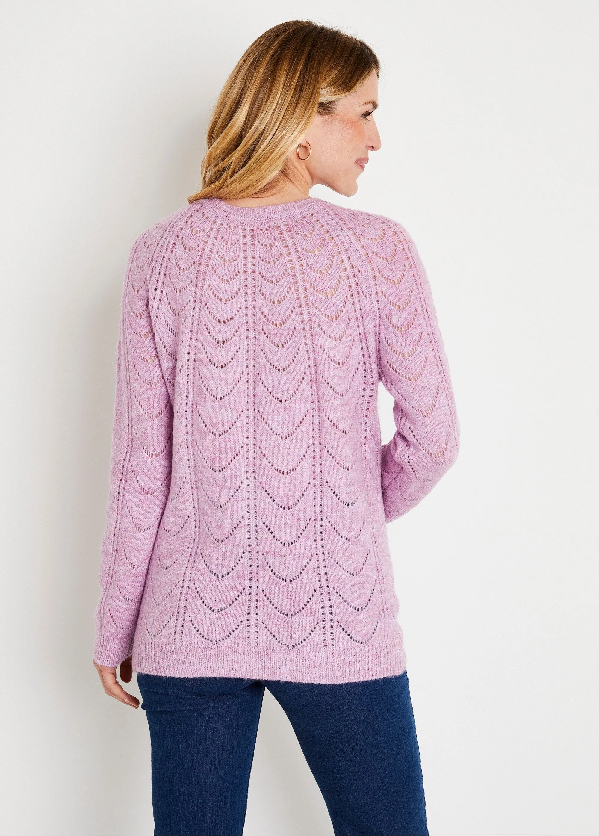 Gilet cardigan boutonné chiné ajouré col rond