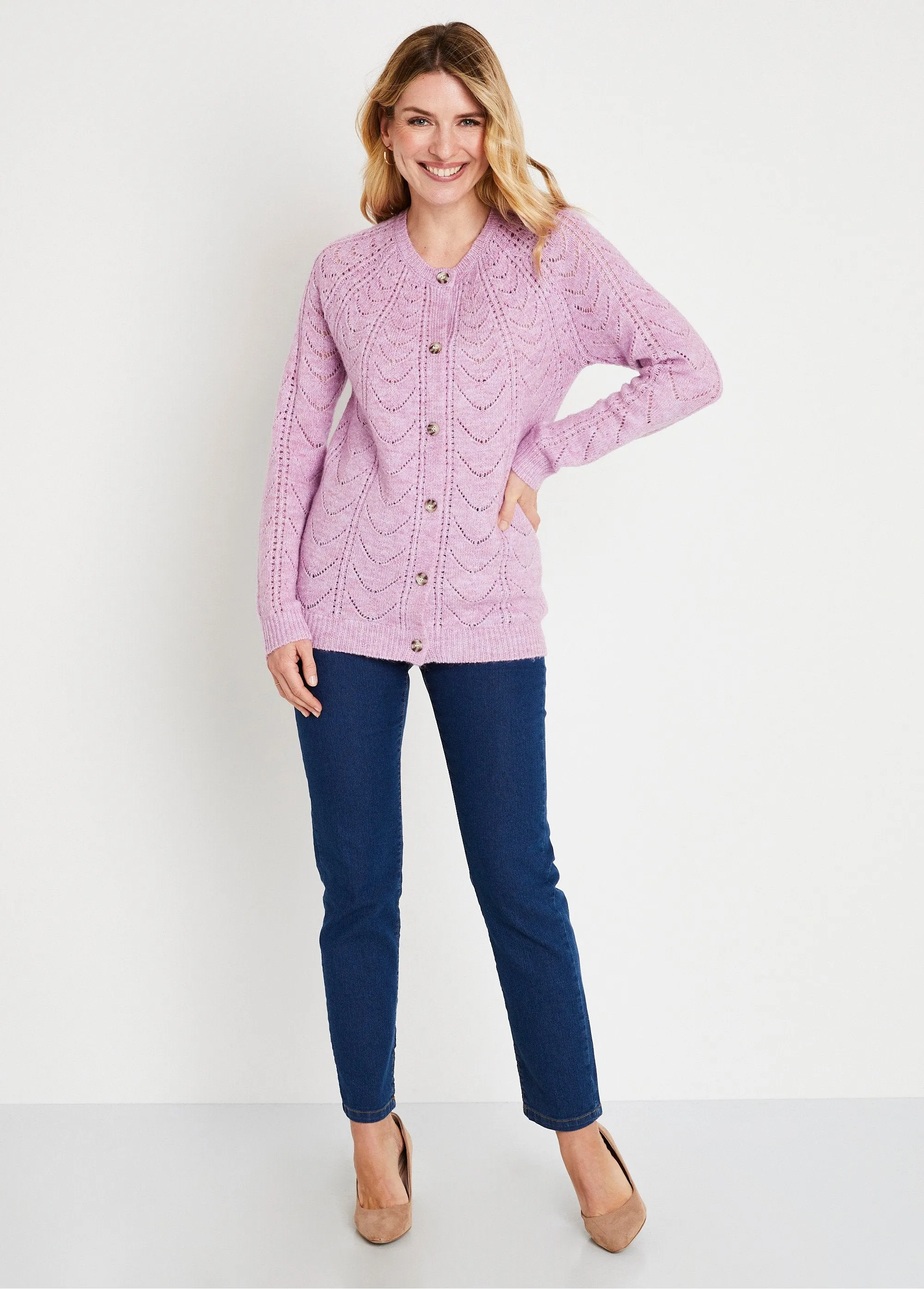 Gilet cardigan boutonné chiné ajouré col rond