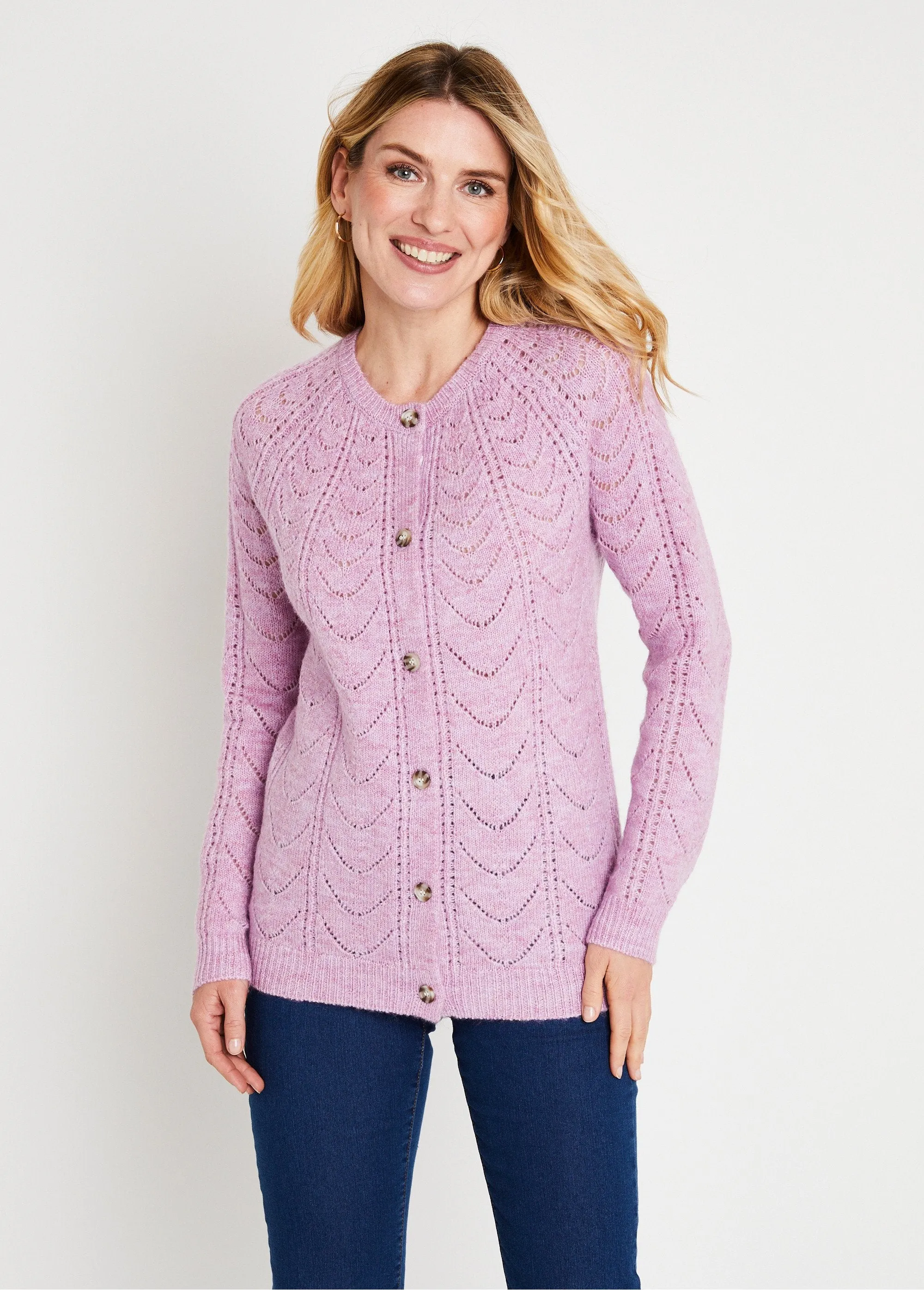 Gilet cardigan boutonné chiné ajouré col rond
