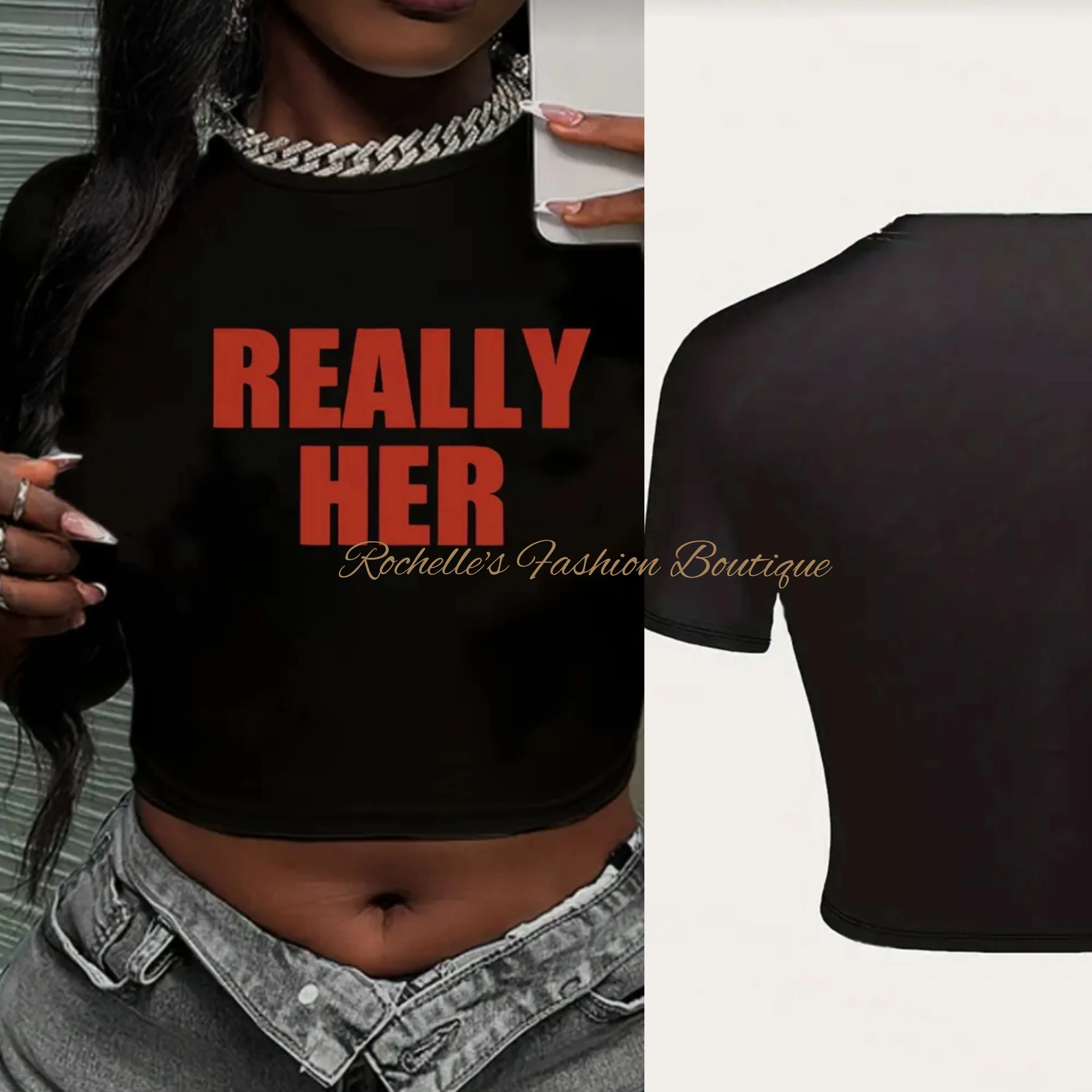 Green & Black Really Her Crop Top T-Shirt