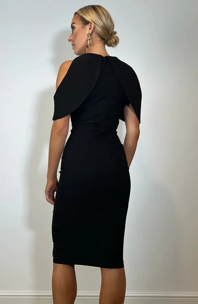 LULU COLD SHOULDER MIDI DRESS (BLACK)