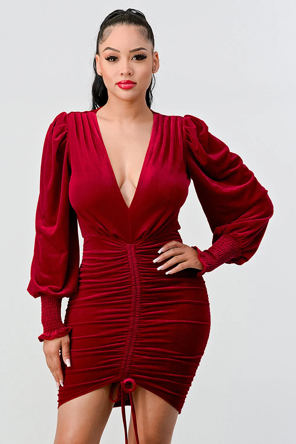 LUXE VELVET V-NECK FRONT SHIRRING BODYCON DRESS