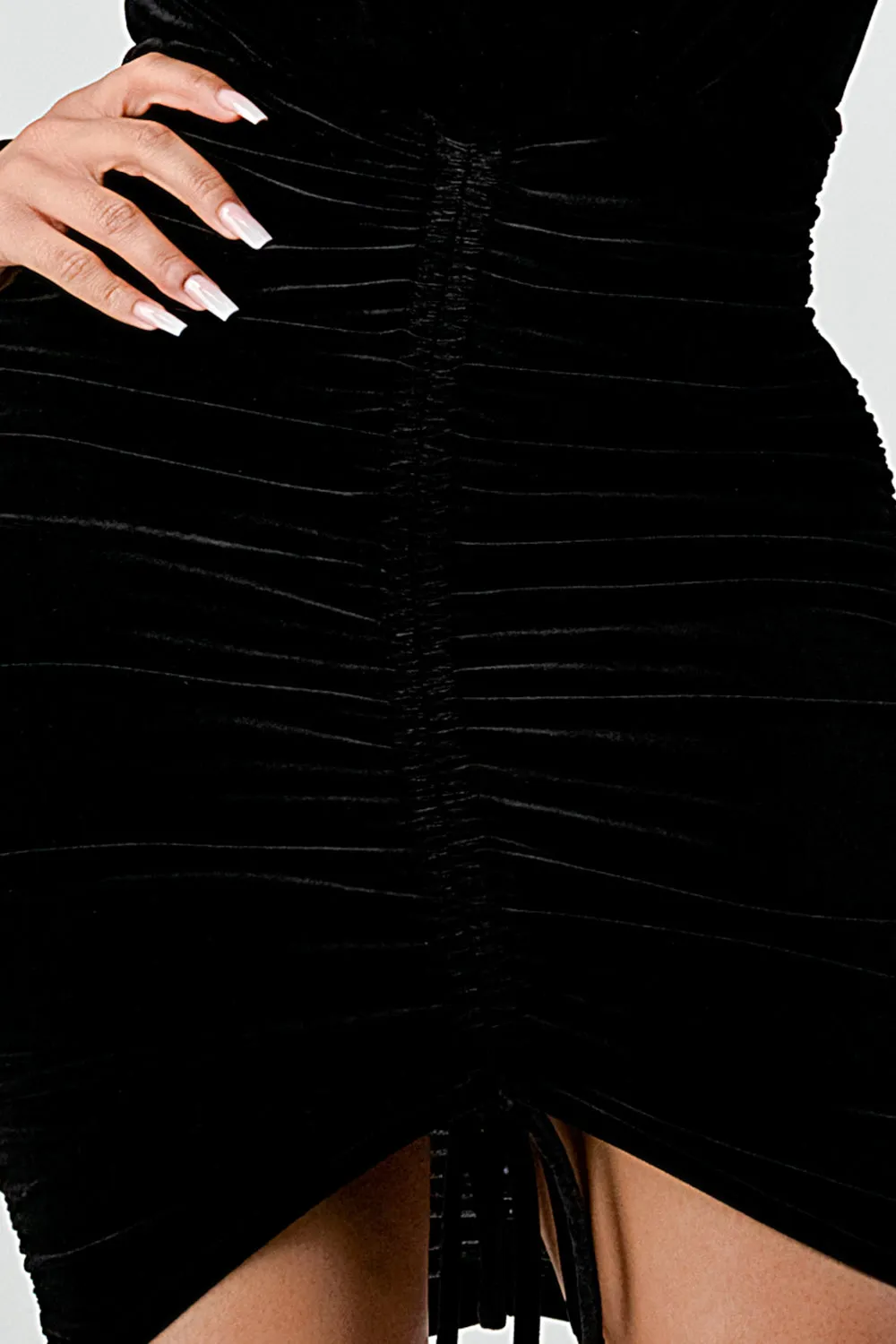 LUXE VELVET V-NECK FRONT SHIRRING BODYCON DRESS