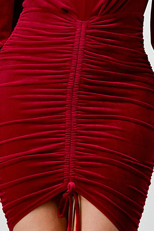 LUXE VELVET V-NECK FRONT SHIRRING BODYCON DRESS