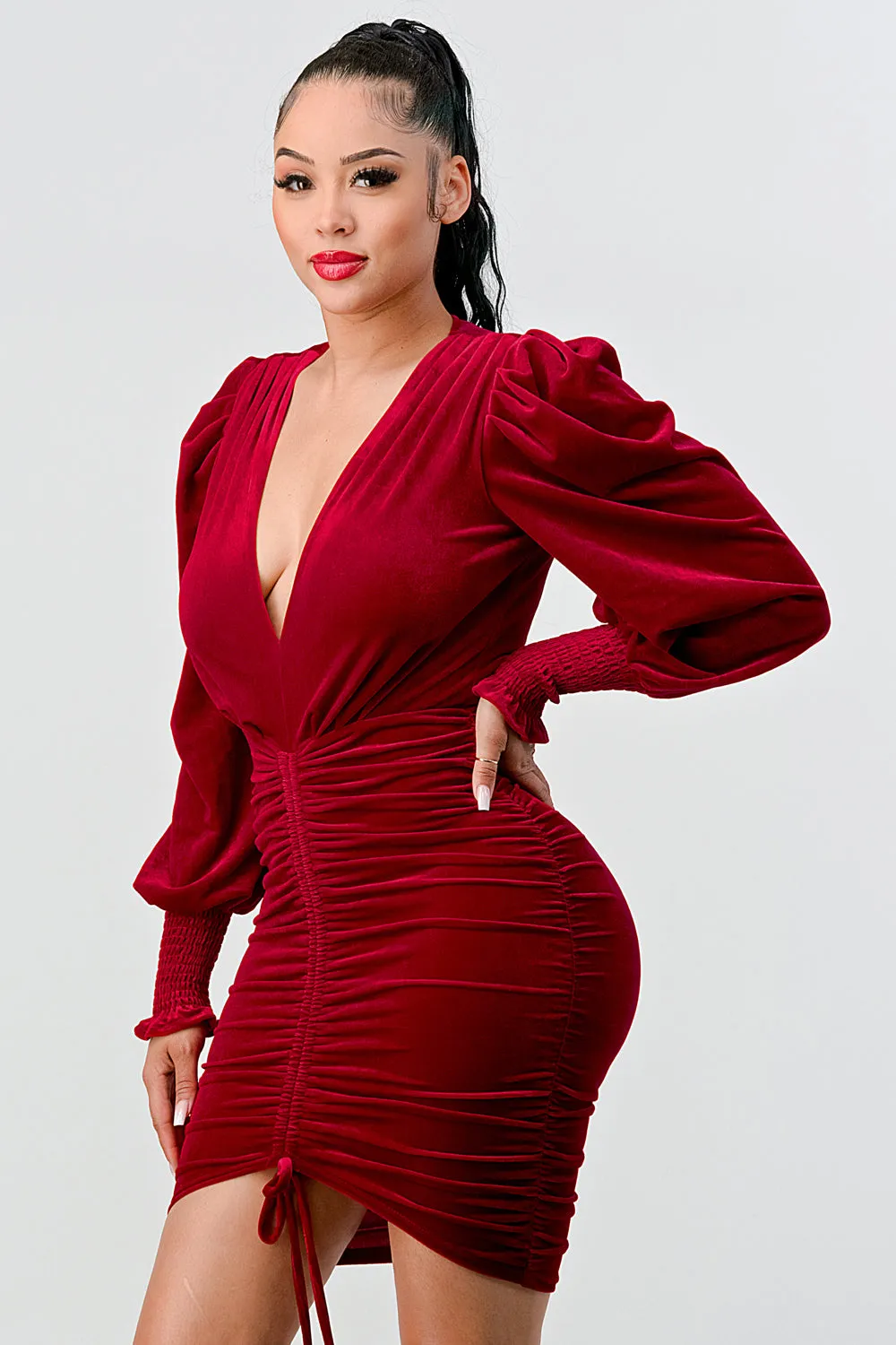 LUXE VELVET V-NECK FRONT SHIRRING BODYCON DRESS