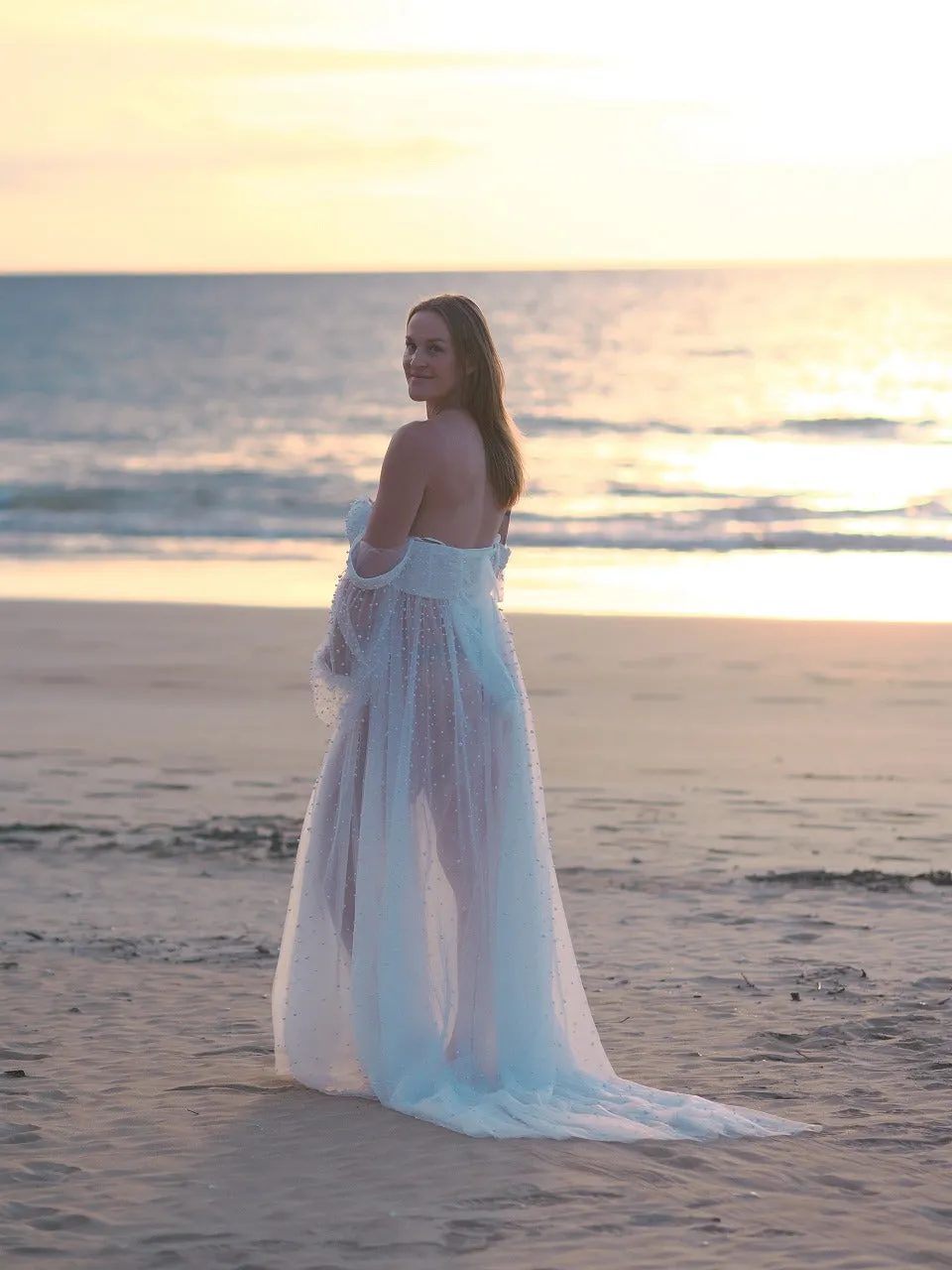 Maternity Photoshoot Dresses - Pearl Tulle Long Sleaves - White - RENTAL