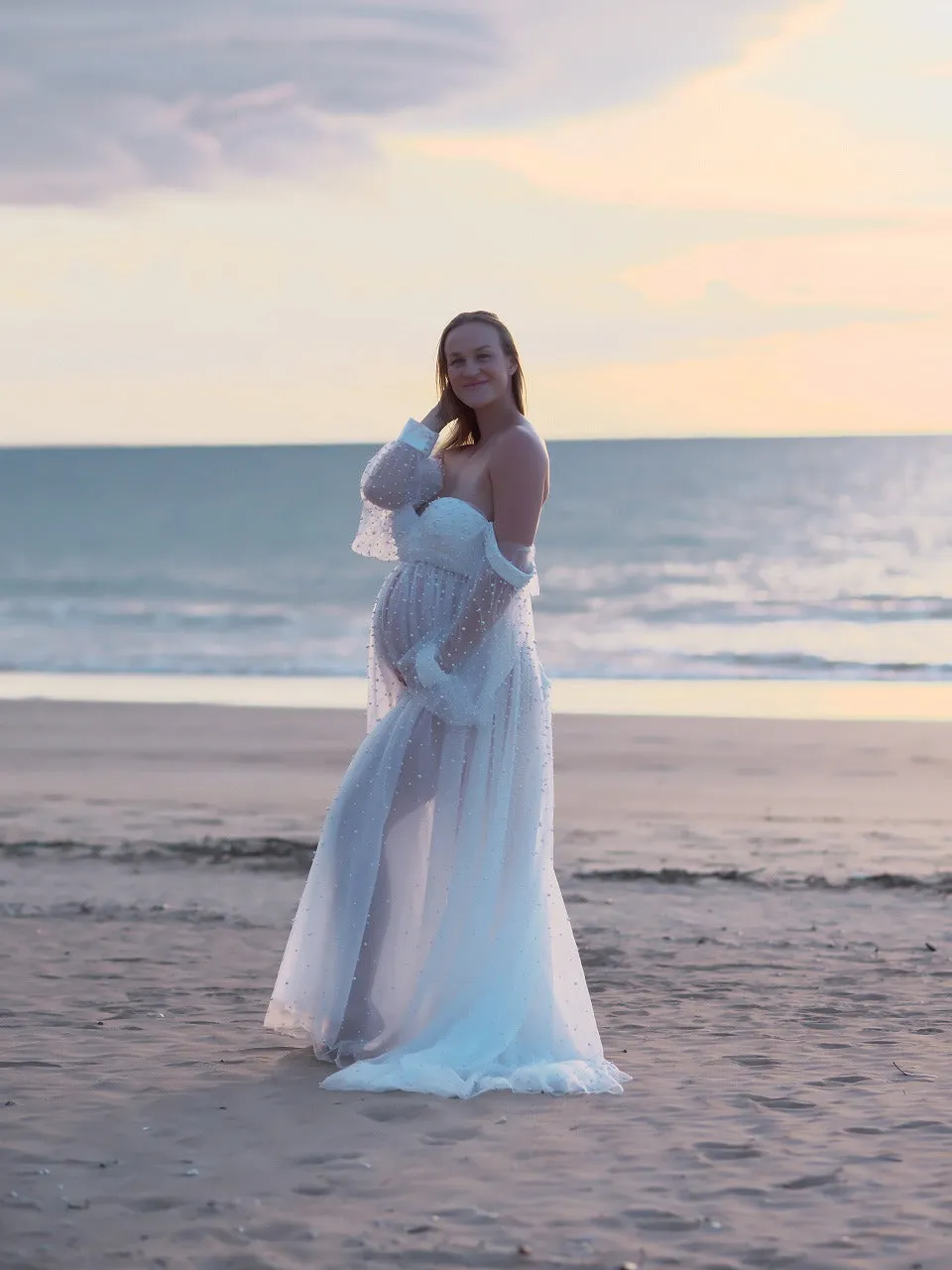 Maternity Photoshoot Dresses - Pearl Tulle Long Sleaves - White - RENTAL