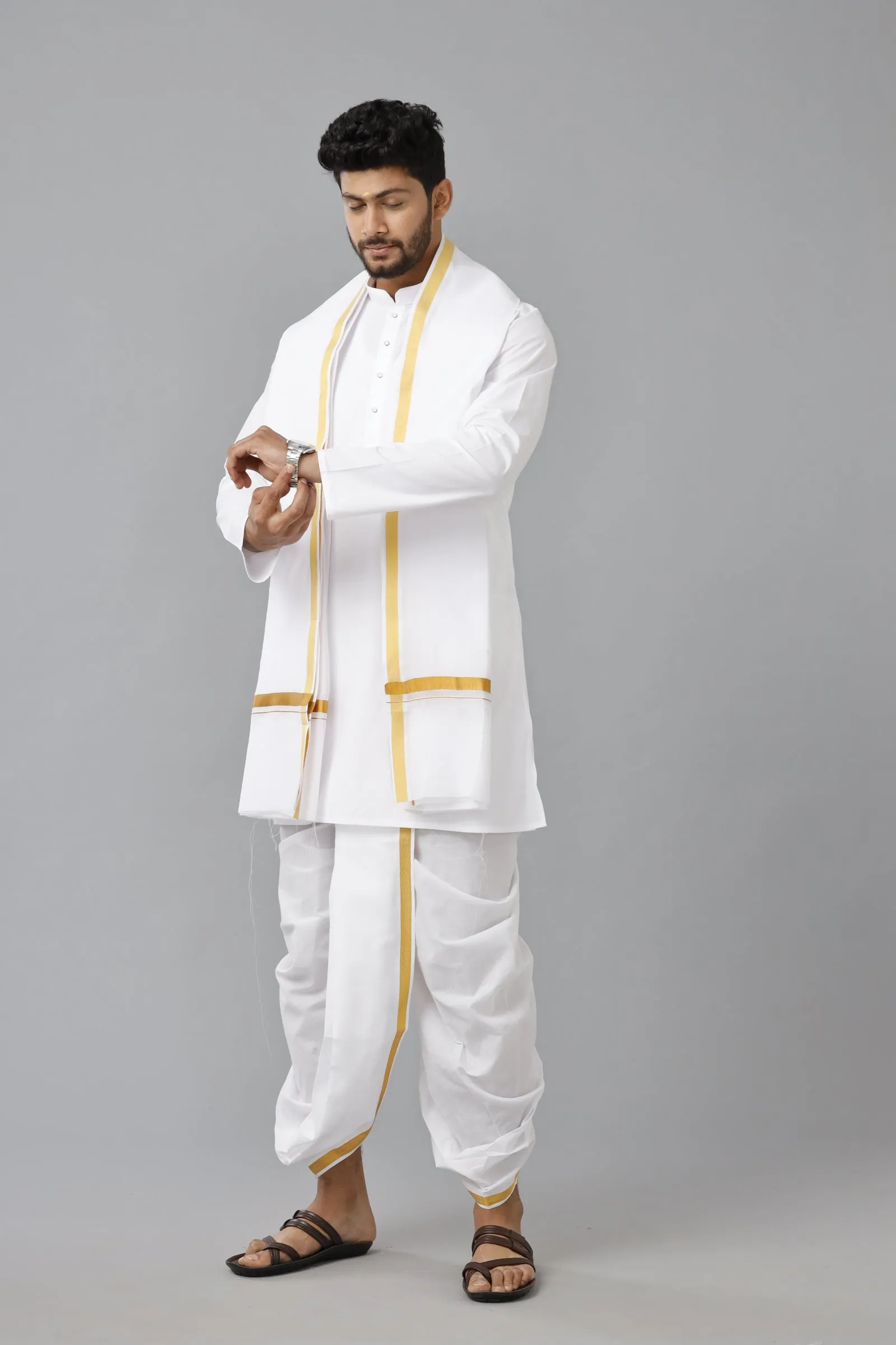Men Cotton White Kurta Readymade Elastic Panchakacham & Towel Set