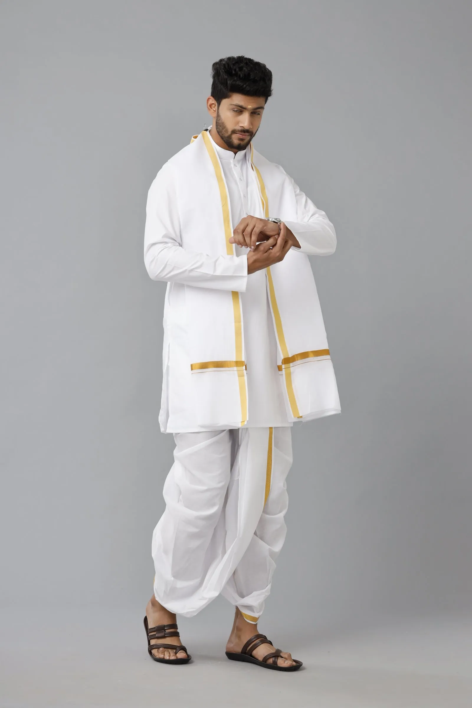 Men Cotton White Kurta Readymade Elastic Panchakacham & Towel Set