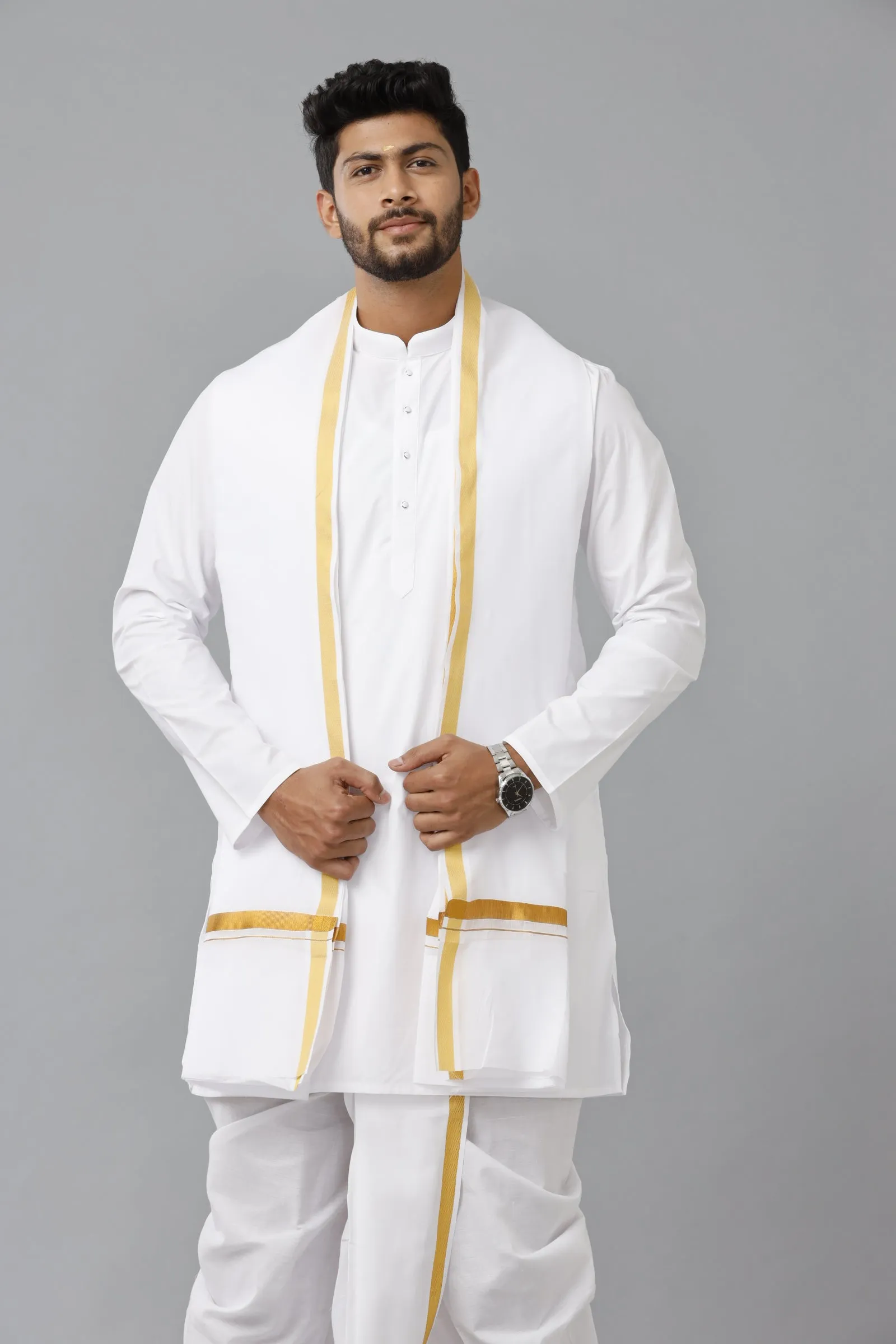 Men Cotton White Kurta Readymade Elastic Panchakacham & Towel Set
