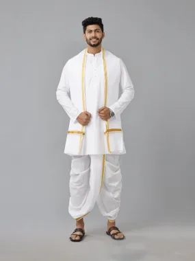 Men Cotton White Kurta Readymade Elastic Panchakacham & Towel Set