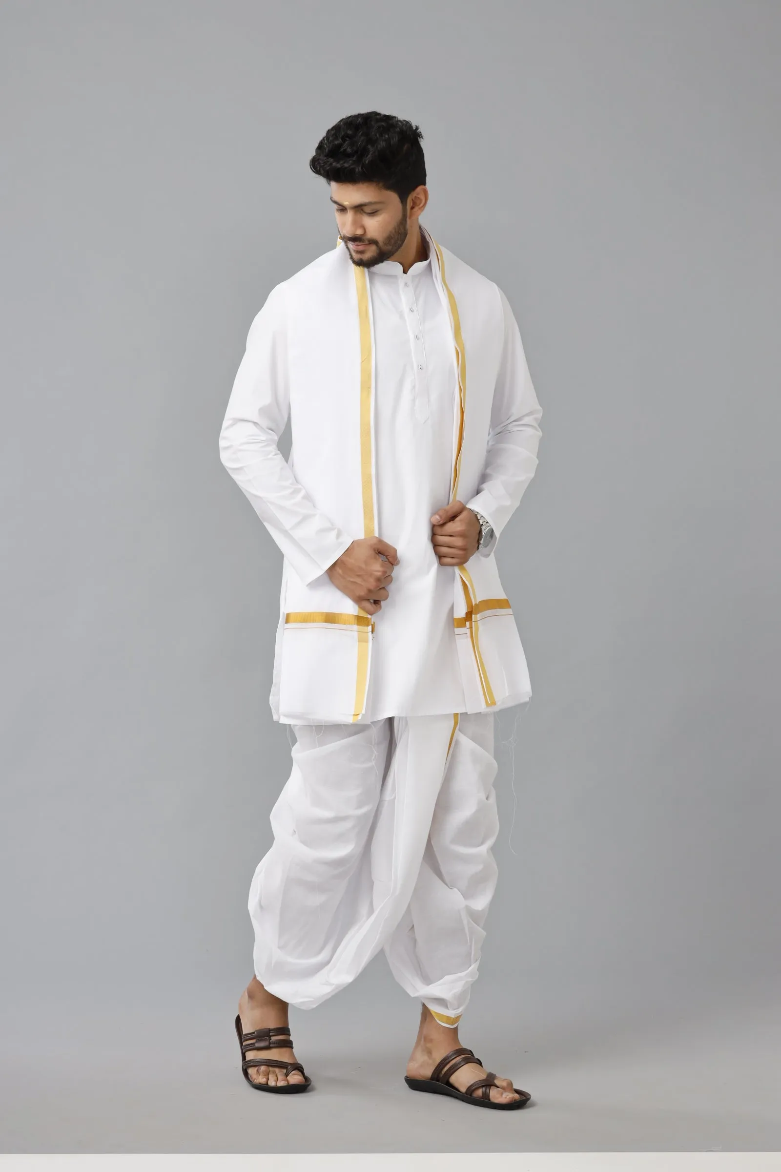 Men Cotton White Kurta Readymade Elastic Panchakacham & Towel Set