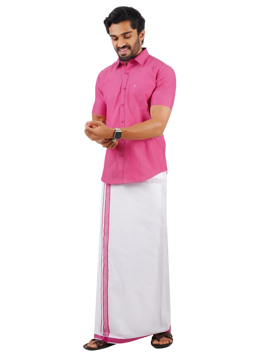Men Fancy Border Dhoti & Shirt Set Half Sleeves Pink G110
