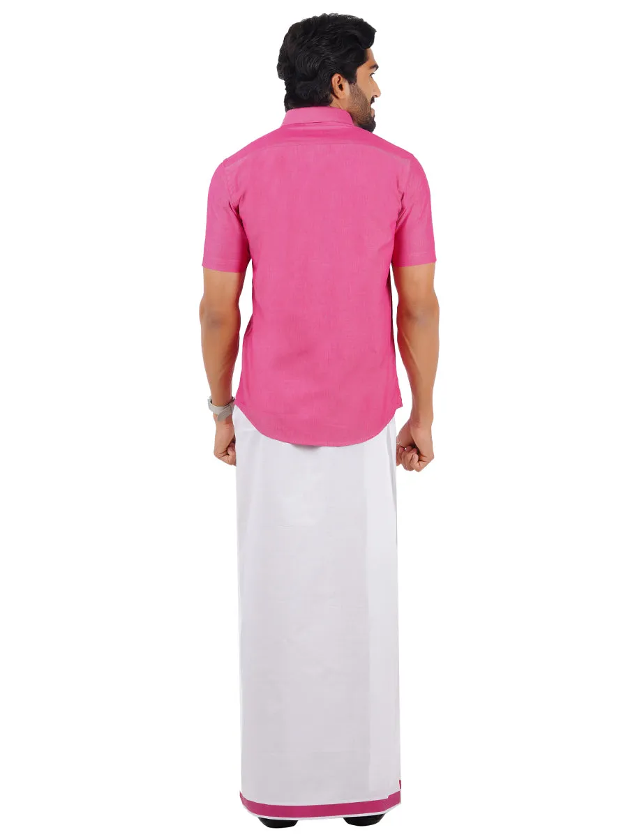 Men Fancy Border Dhoti & Shirt Set Half Sleeves Pink G110
