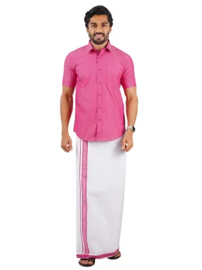 Men Fancy Border Dhoti & Shirt Set Half Sleeves Pink G110