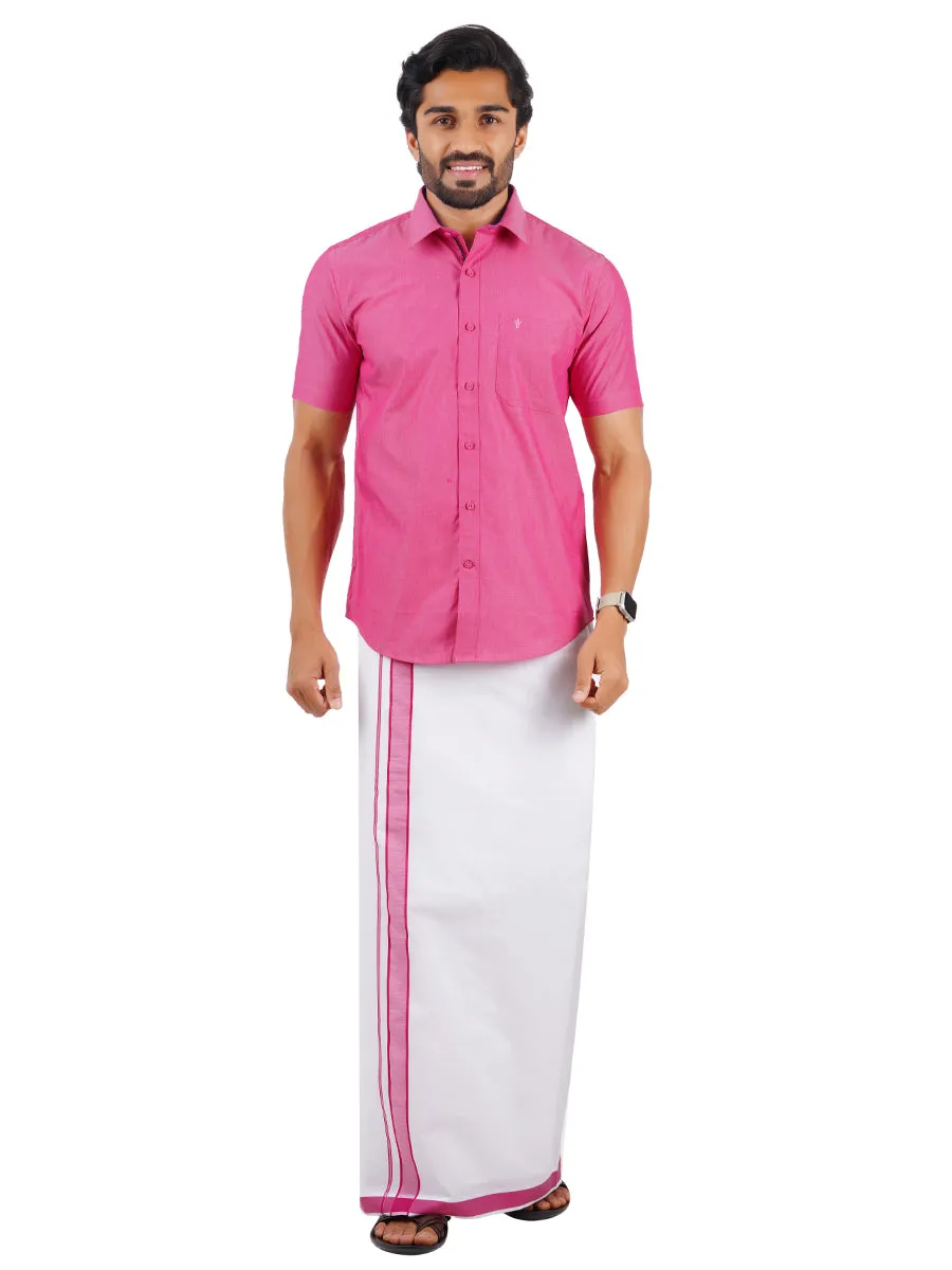 Men Fancy Border Dhoti & Shirt Set Half Sleeves Pink G110