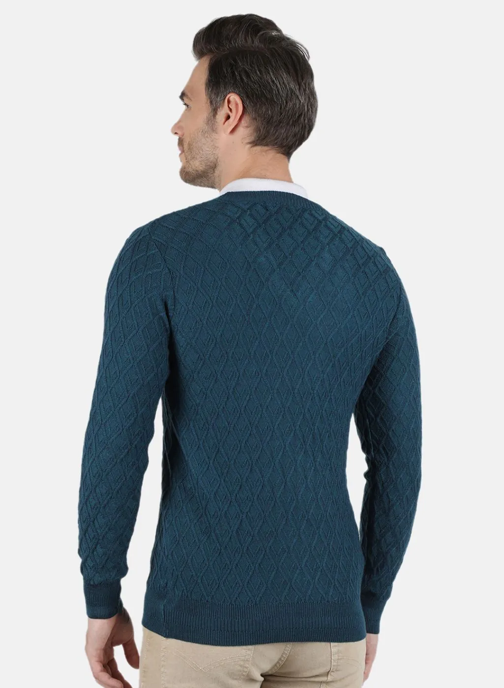 Men Teal Blue Self Design Pullover