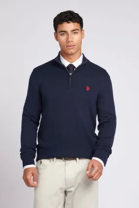 Mens Cotton Funnel Neck 1/4 Zip Knit in Dark Sapphire Navy / Haute Red DHM