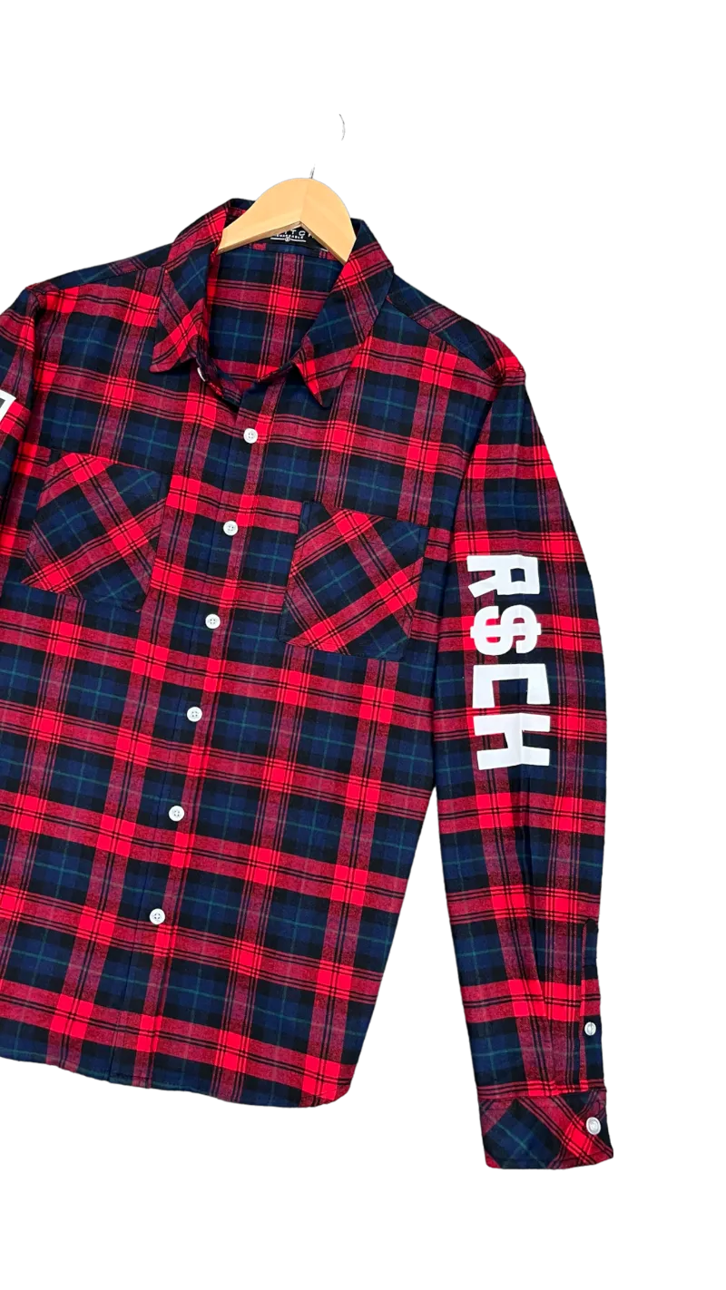 Men's Red Windowpane  Casual Shirt Long Sleeves