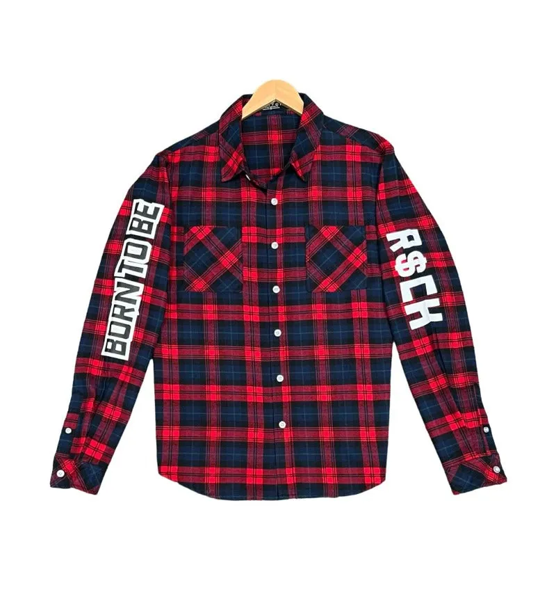 Men's Red Windowpane  Casual Shirt Long Sleeves