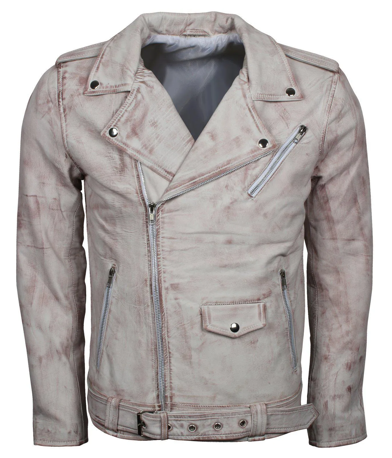 Men's White Classic Rocker Waxed Genuine Leather Motorcycle Jacket with Asymmetrical Zipper and Belt