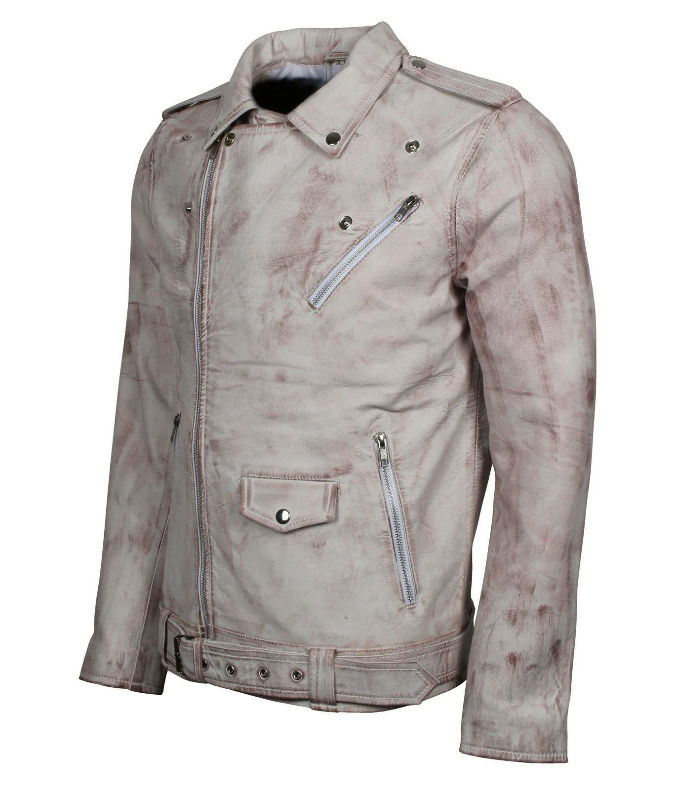 Men's White Classic Rocker Waxed Genuine Leather Motorcycle Jacket with Asymmetrical Zipper and Belt