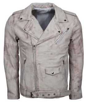Men's White Classic Rocker Waxed Genuine Leather Motorcycle Jacket with Asymmetrical Zipper and Belt