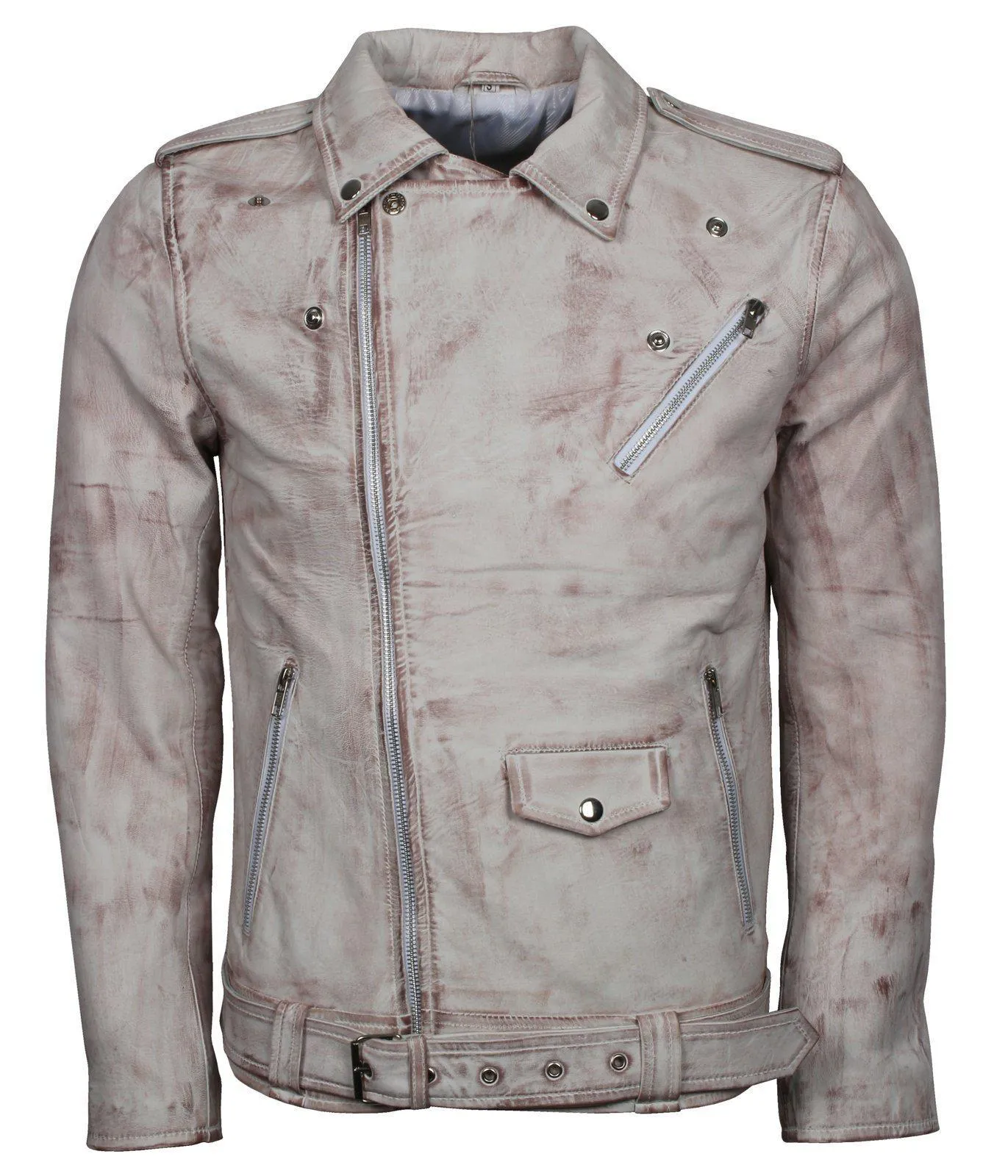 Men's White Classic Rocker Waxed Genuine Leather Motorcycle Jacket with Asymmetrical Zipper and Belt