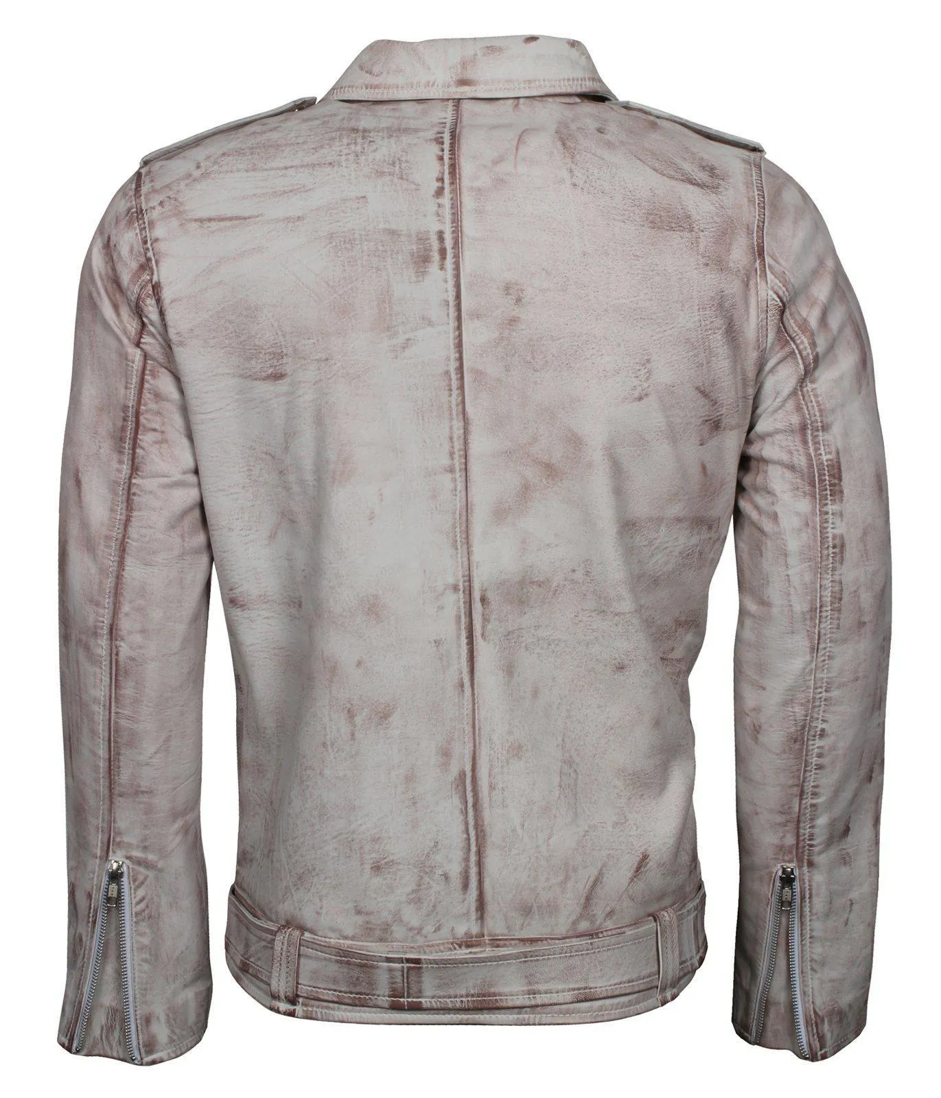 Men's White Classic Rocker Waxed Genuine Leather Motorcycle Jacket with Asymmetrical Zipper and Belt