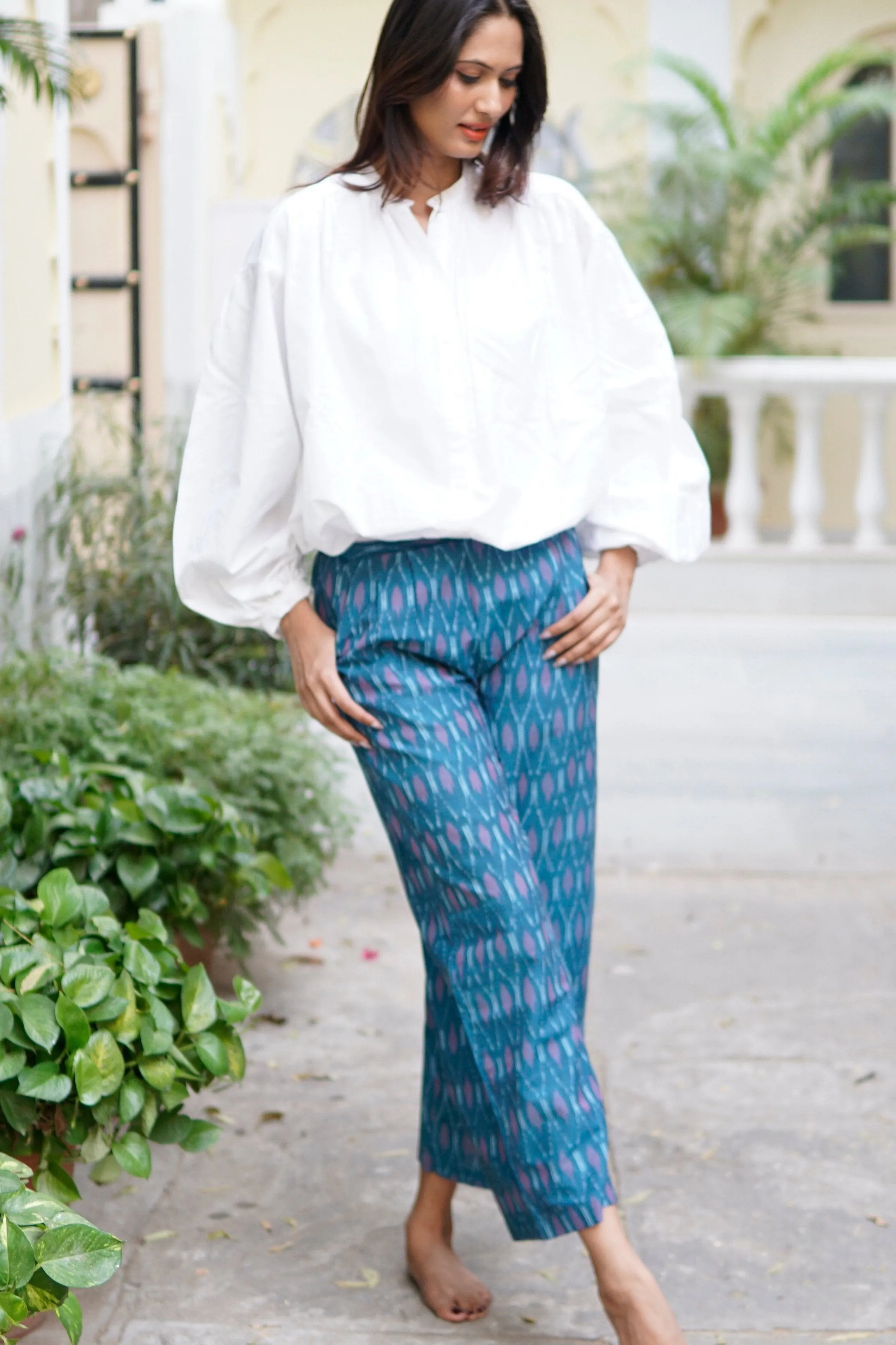 Pants, summer pants with pockets, green and purple handloomed ikat cotton trousers with pockets