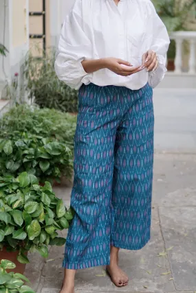Pants, summer pants with pockets, green and purple handloomed ikat cotton trousers with pockets