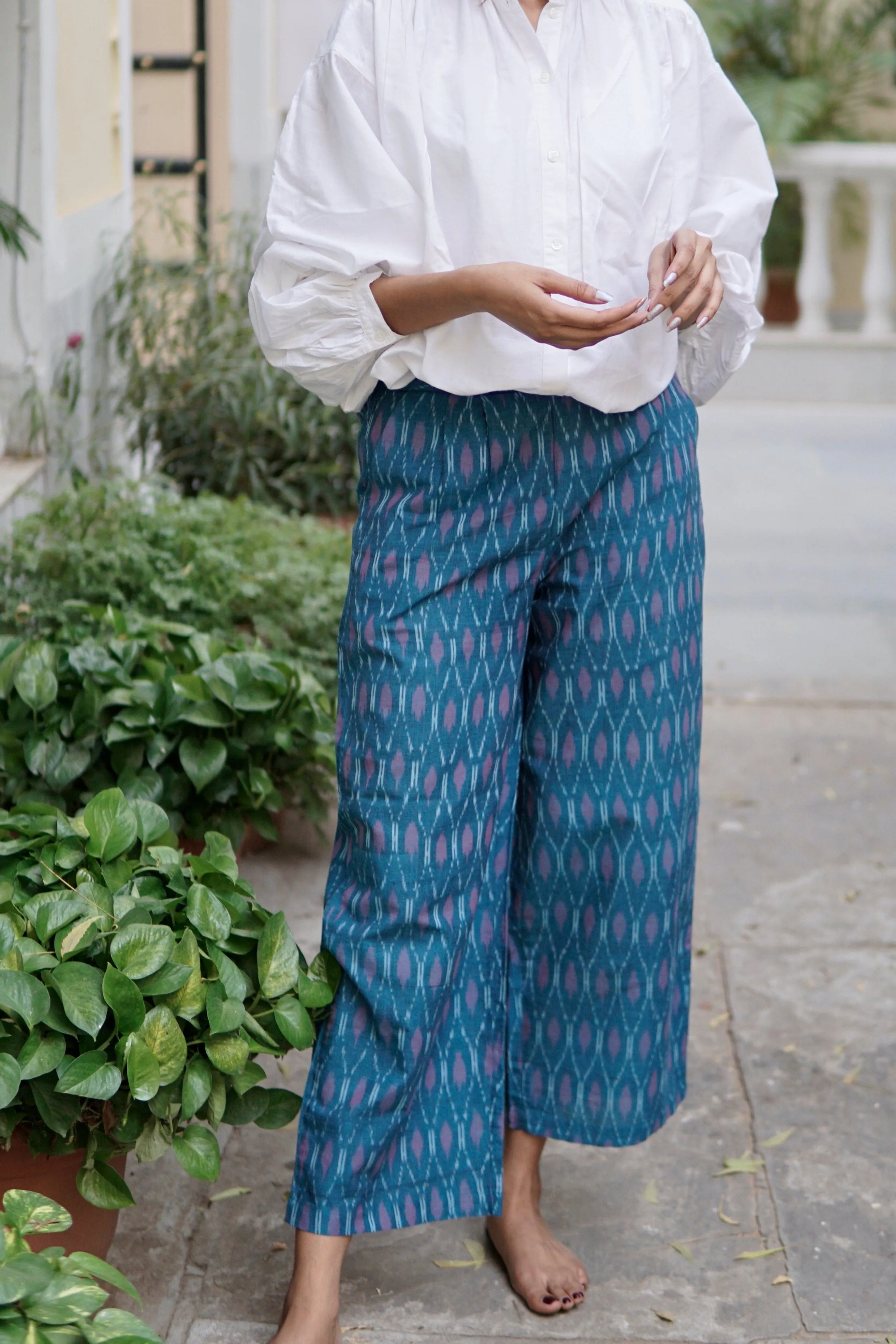 Pants, summer pants with pockets, green and purple handloomed ikat cotton trousers with pockets