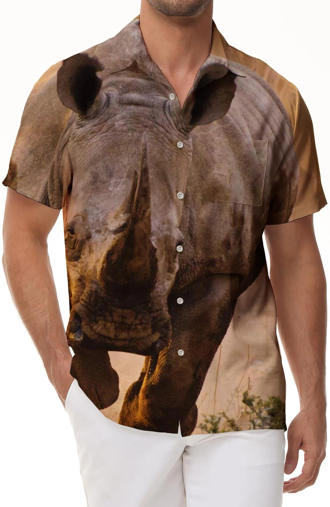 Perseverance Shell Raging Rhino Polyester Animal Hawaiian Short Sleeve Shirt Tropical Four Seasons Short Sleeve Shirt Men