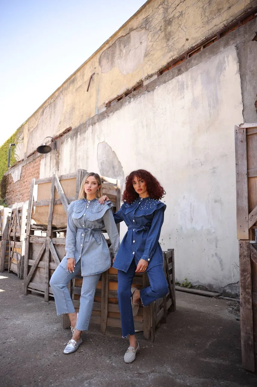 Talia Women Peter Pan Cloar Denim Shirt and Pants Set